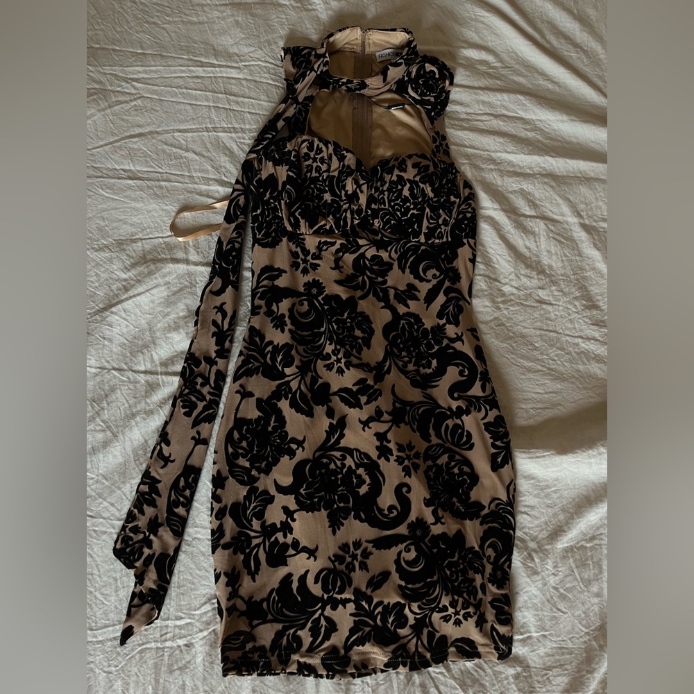 Elegant Black and Tan Floral Dress